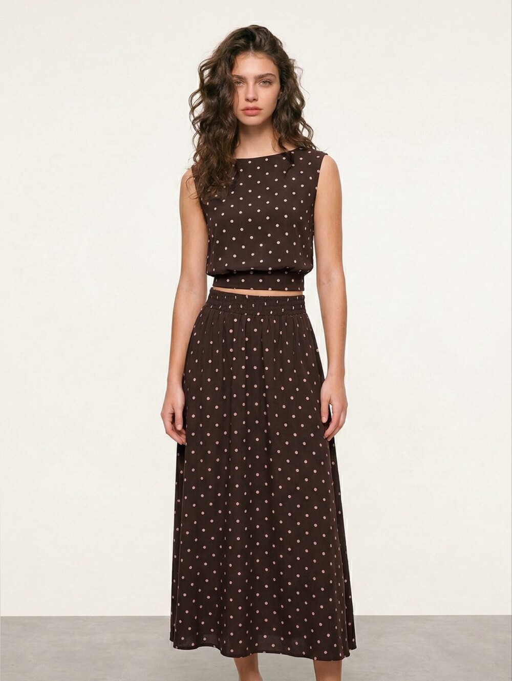 Commense Brown Maxi Skirt with Pink Polka Dots